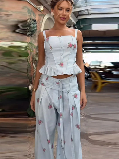 Sexy Print Vest Lace Up Pants Suit Women Slim Sleeveless Sling Tops High Waist Long Trousers Set Female 2026 Summer Sets Lady