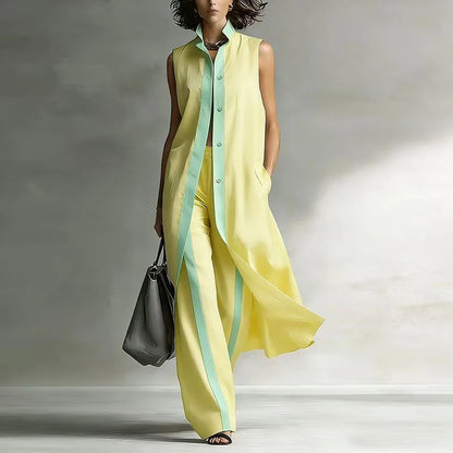 Spring Contrast Sleeveless Vest Suit Woman 2 Pieces Elegant Shirt Collar Button Long Top Wide Leg Pants Sets Summer Outfit Mujer