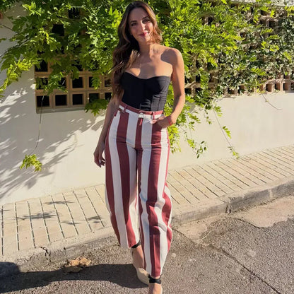 HXAO Women's Jeans Striped Denim Pants Women's High-waisted Jeans Baggy Wide Leg Long Trousers Casual Streetwear Female Bottoms