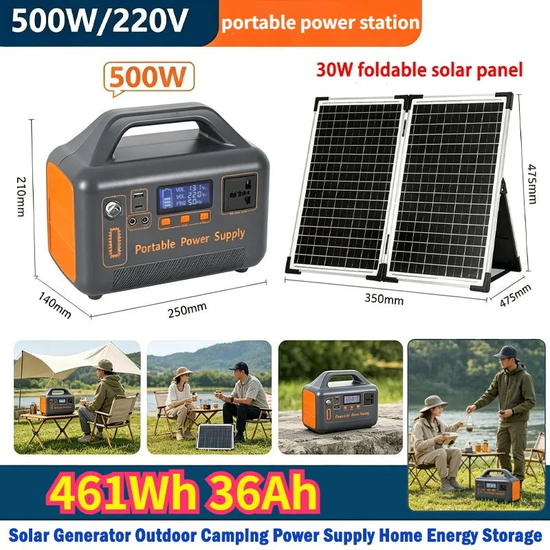500W 220V Portable Power Station Solar Generator 461Wh 36Ah Large Capacity LiFePO4 Power Bank for Camping RV Emergency Energy