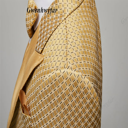 Gwenhwyfar Wheat-gold Patterns Suits of Men 2026 Autumn Party Suits Include Plain Gold Lapel Blazer Patterns Vest Slim Pants