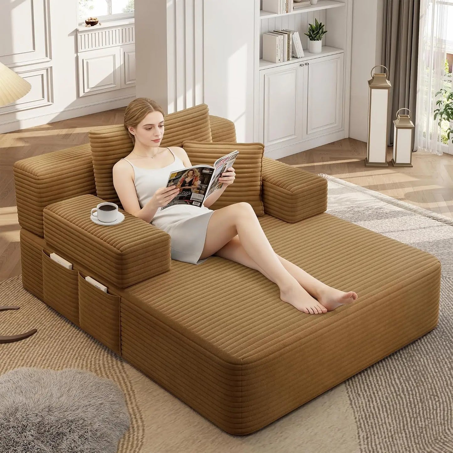 2-in-1 Convertible Chaise Lounge Indoor, 60.2" Corduroy Upholstered Chaise Lounge Chair that Converts to Sleeper, Custom