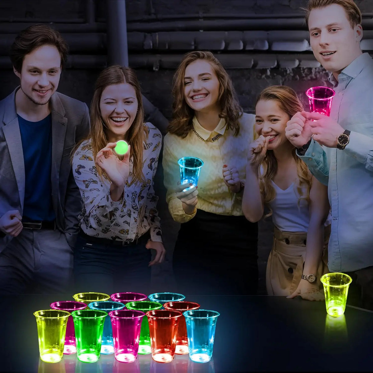 Glowing Party Beer Pong Game LED Beer Pong Cups and Glow-in-The-Dark Balls for Indoor Outdoor Nighttime Competitive Fun Birthday