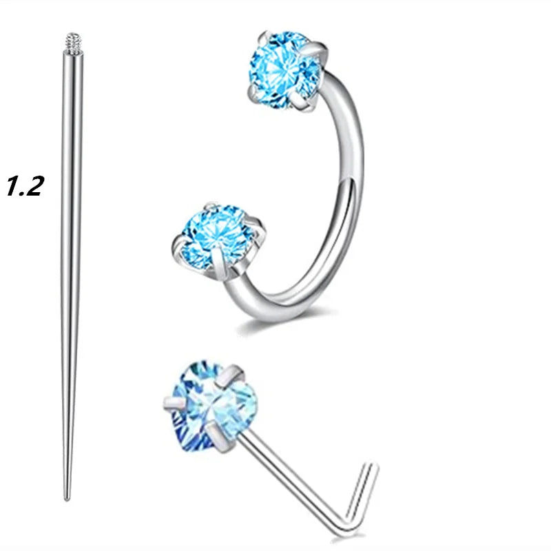 6/2pcs Horseshoe Nose Rings With L-Shape Nose Stud, Stainless Steel Rianbow CZ Nose Ring,, Lip Eyebrow Helix Ear Piercing