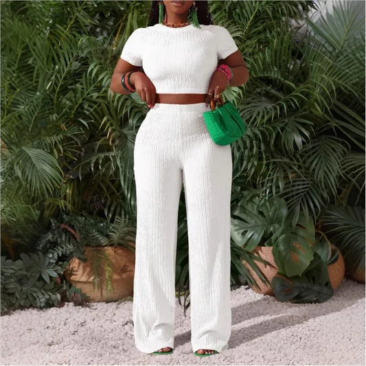 Casual Sports Set For Women Sexy Slim Short Sleeve O Neck Tops+High Waist Wide Leg Pants 2 Piece Sets Women's Clothing Holiday