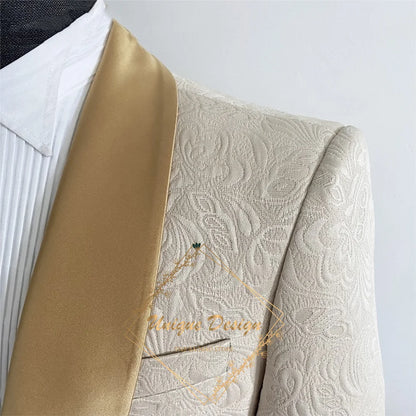 Champagne Men's Suit 2-Piece Set Satin Shawl Lapel Jacquard Jacket Pants Elegant Set for Wedding Groom Summer Party Dating Prom