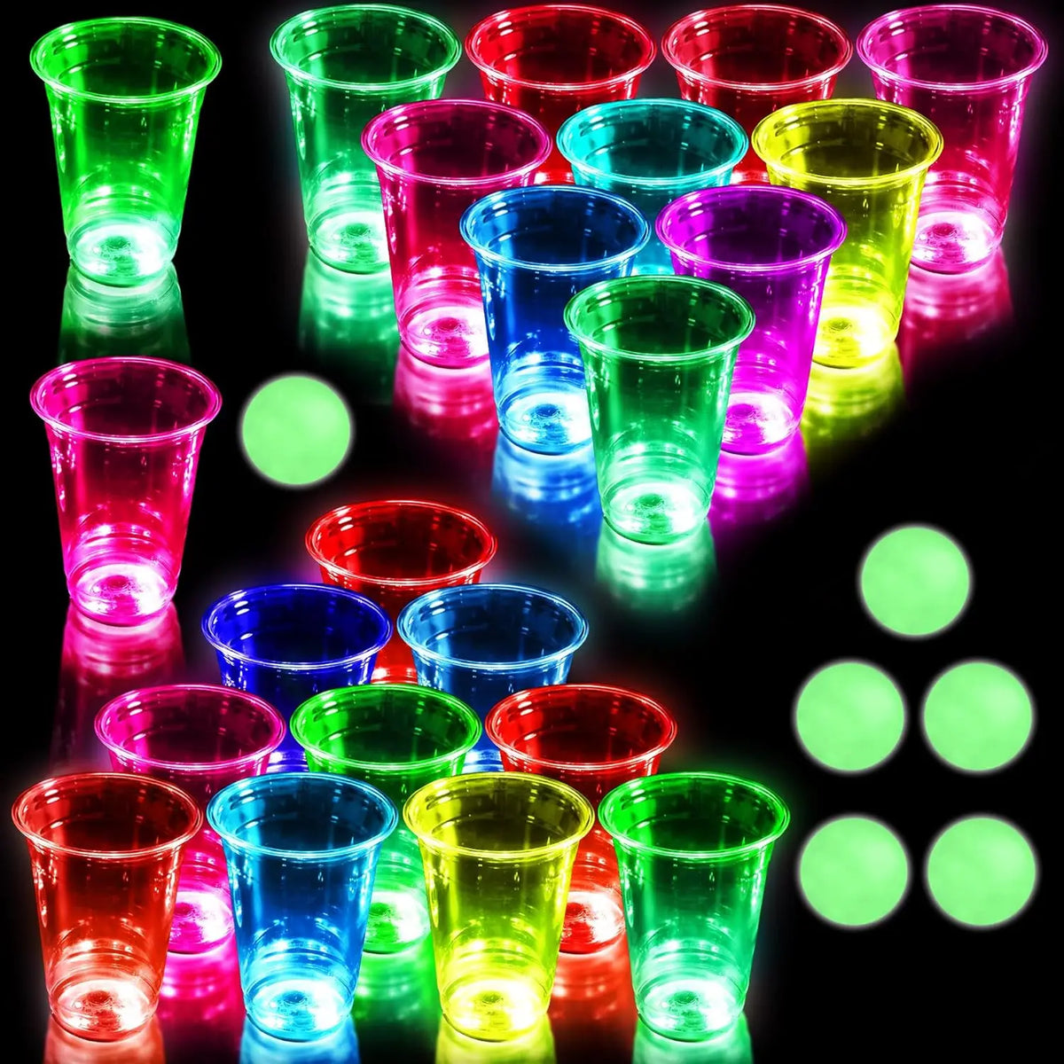 Glowing Party Beer Pong Game LED Beer Pong Cups and Glow-in-The-Dark Balls for Indoor Outdoor Nighttime Competitive Fun Birthday