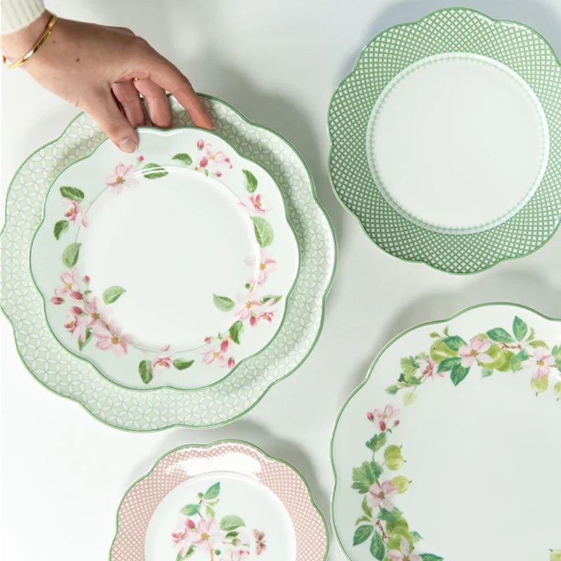 Ceramic Plate Household Bone China Dinner Plate Set Vintage Green Flower Dishes Tableware Oval Large Tray Dinnerware Sets