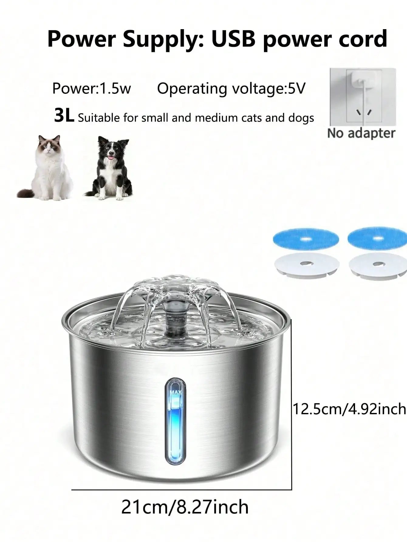 3L/101.45oz/0.793Gallon Stainless Steel Automatic Cat Water Drinker | Quiet USB Powered Pet Feeder with Water Level Indicator