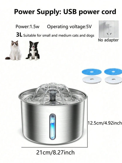 3L/101.45oz/0.793Gallon Stainless Steel Automatic Cat Water Drinker | Quiet USB Powered Pet Feeder with Water Level Indicator