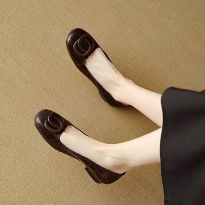 Elegant Women Square ToeBlock Heel Pumps BrownRhombus Embossed Surface Square Buckle ShallowSlip‑onBusiness Commuter Dress Shoes