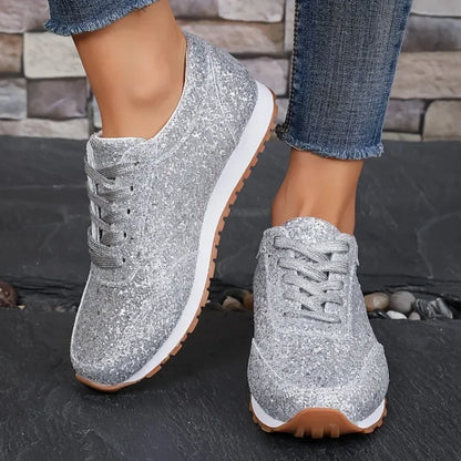 Womens Sparkly Glitter Slip on Sneakers Casual Comfortable Walking Shoes Shiny Flat Loafers Platform Bling Footwear for Ladies