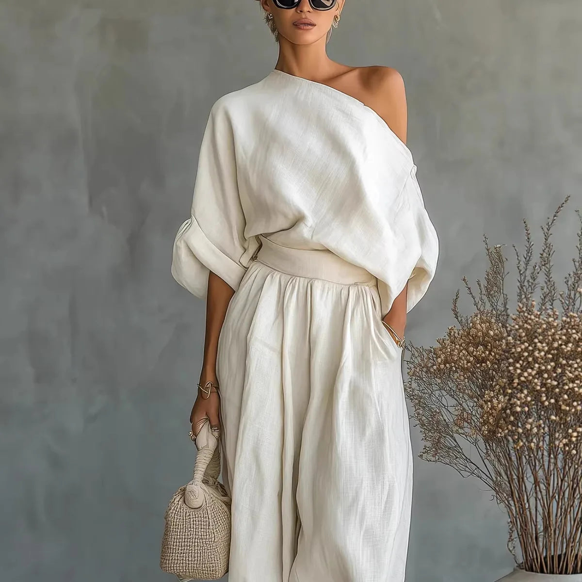 2026 One Shoulder Linen 2 Piece Set Women Roll Up Sleeve Waist Belt High Waist Lantern Pants White Breathable Casual Daily Beach