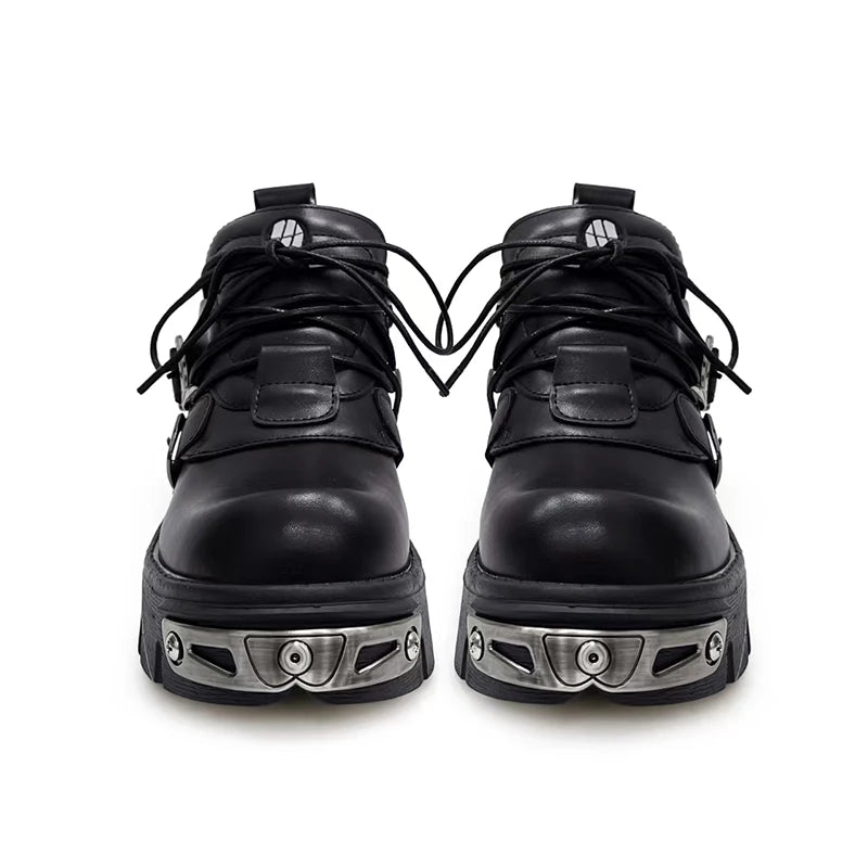 Platform Metal Punk Flats Cross Tied Buckle Single Shoes Zip Round Toe Gothic Runway Casual Women Shoes Goth Black Chunky