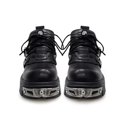 Platform Metal Punk Flats Cross Tied Buckle Single Shoes Zip Round Toe Gothic Runway Casual Women Shoes Goth Black Chunky