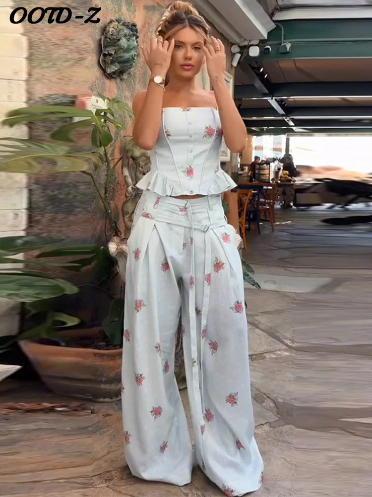 Sexy Print Vest Lace Up Pants Suit Women Slim Sleeveless Sling Tops High Waist Long Trousers Set Female 2026 Summer Sets Lady