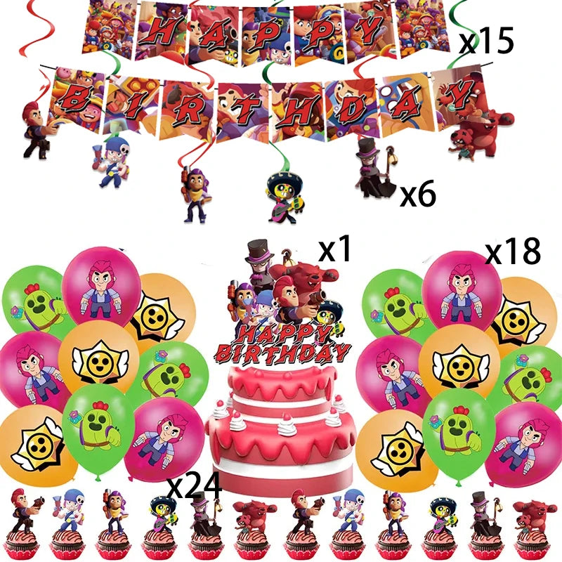 Kids Party Favors Decoration Balloons Gift Bag Brawl Stars Theme Happy Birthday Banner Tableware Paper Plates Napkins Tablecloth