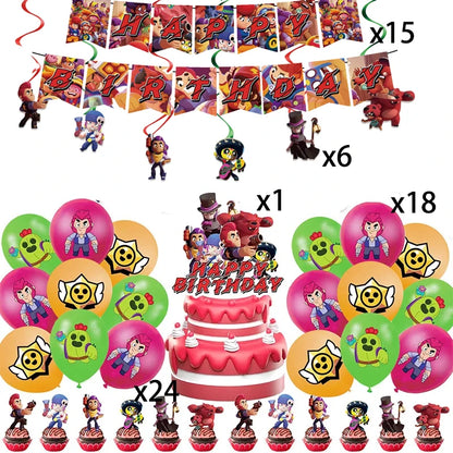 Kids Party Favors Decoration Balloons Gift Bag Brawl Stars Theme Happy Birthday Banner Tableware Paper Plates Napkins Tablecloth