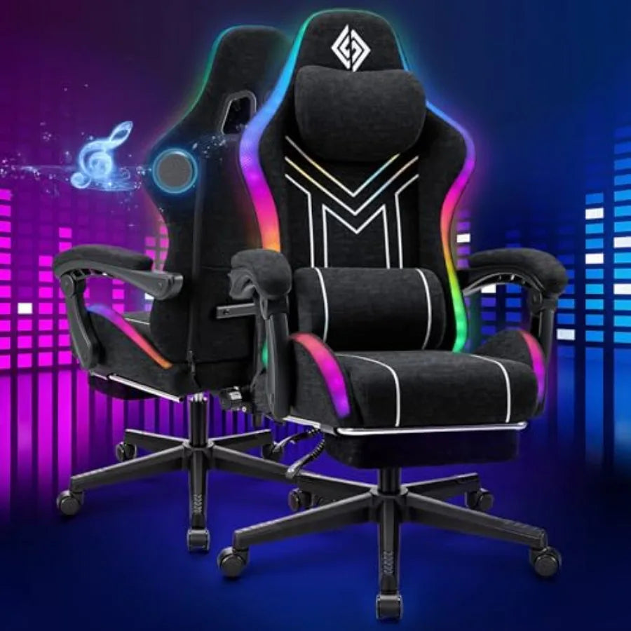 RGB Gaming Chair for Adults: Black Fabric Ergonomic Computer Chair with Music Rhythm LED Lights, Bluetooth Speakers, 155 Reclin
