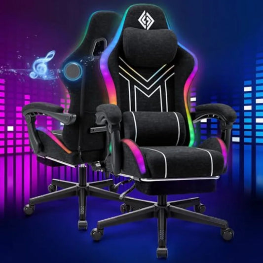 RGB Gaming Chair for Adults: Black Fabric Ergonomic Computer Chair with Music Rhythm LED Lights, Bluetooth Speakers, 155 Reclin