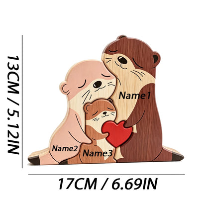 Cute Otter Family Wood Puzzle Ornament Red Heart Tabletop Decor Mother's Day Christmas Birthday Home Office Souvenir Gift