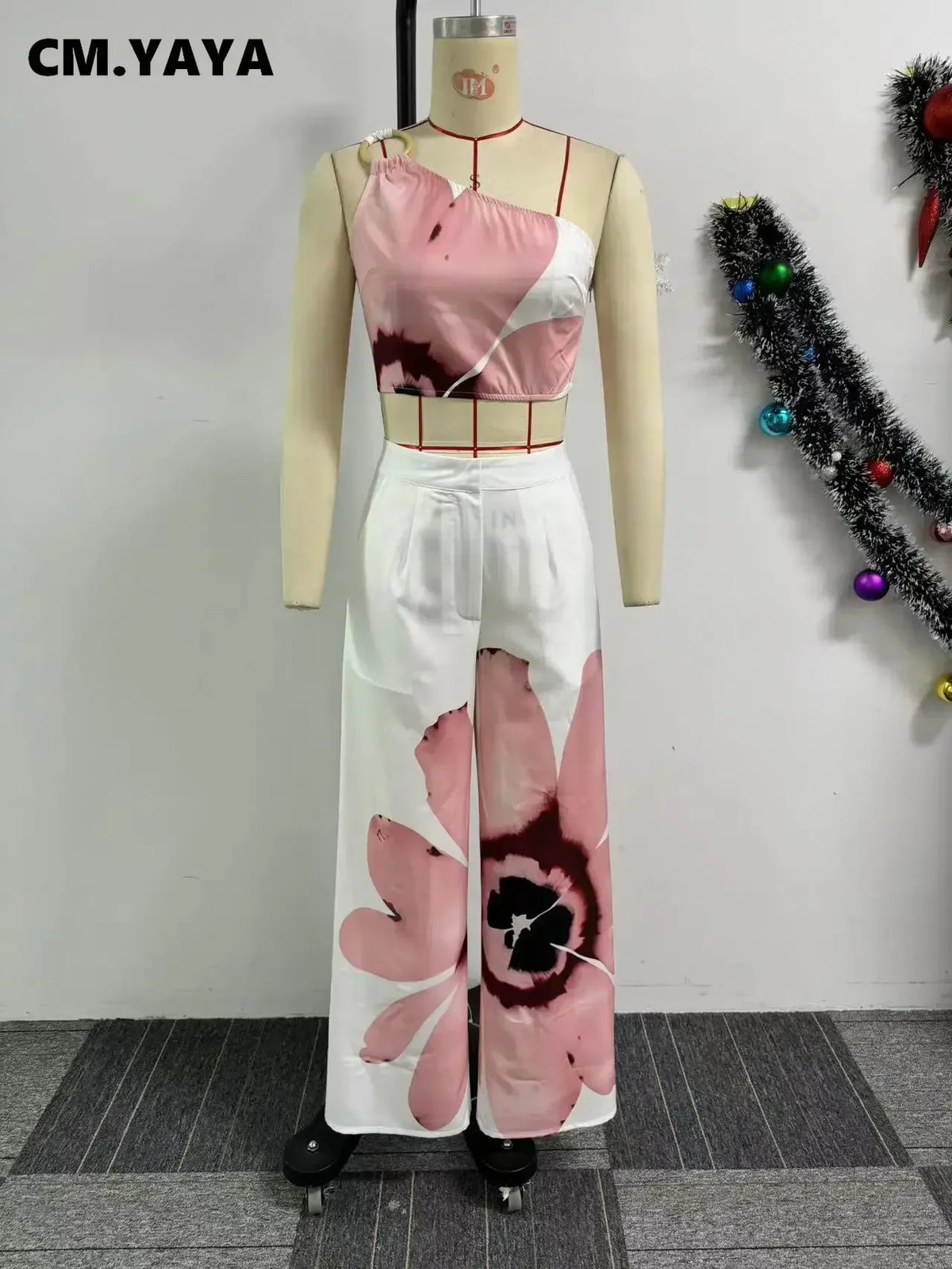 Women Set Floral Print Sleeveless Skew Collar Tops +Wide Leg Pants Two 2 Piece Set Outfit  Summer Street Tracksuit