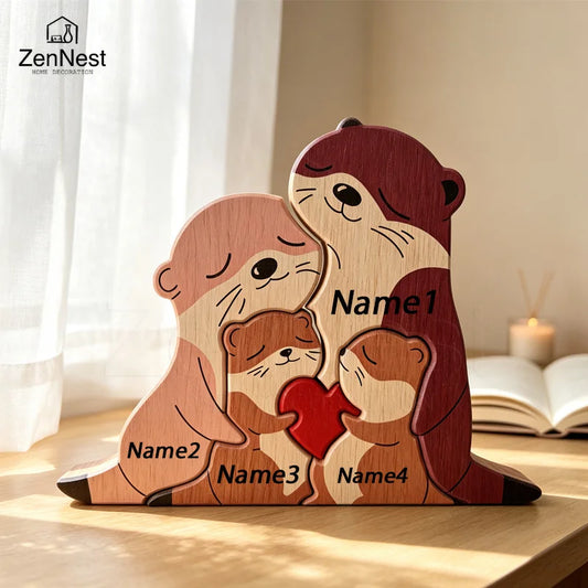 Cute Otter Family Wood Puzzle Ornament Red Heart Tabletop Decor Mother's Day Christmas Birthday Home Office Souvenir Gift
