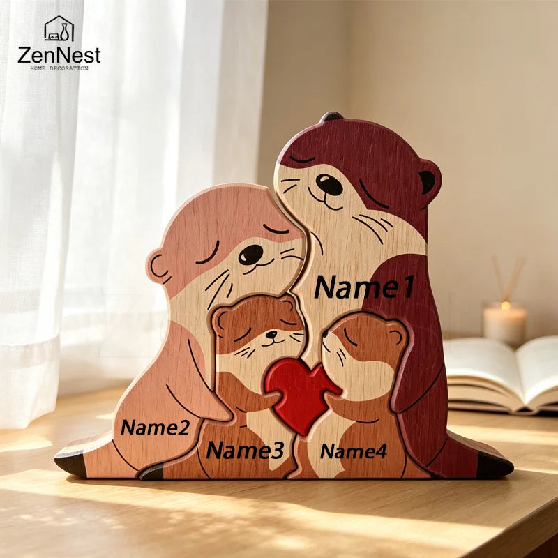 Cute Otter Family Wood Puzzle Ornament Red Heart Tabletop Decor Mother's Day Christmas Birthday Home Office Souvenir Gift