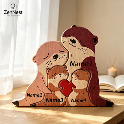 Cute Otter Family Wood Puzzle Ornament Red Heart Tabletop Decor Mother's Day Christmas Birthday Home Office Souvenir Gift