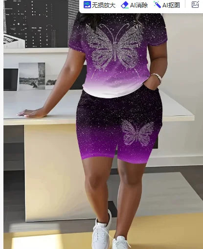 Fashion Casual Women's Shorts Short Sleeve Suit Gradient Letter Print Summer Suit T-shirt + Shorts 2 Pieces Sets 2025