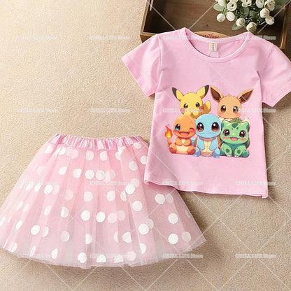 Kawaii Pikachu Eevee T-Shirt Skirt 2pcs Set Pokemon Jigglypuff Toddler Short Sleeve Tee Polka Dot Tutu Skirts Kids Clothes Set