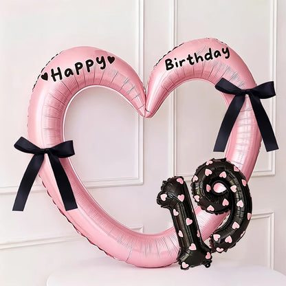 7Pcs 16inch Black Number Hollow-Out Heart Balloons and Heart Stickers Set, Includes 2 Number Balloons, 2 Stickers, 1 Glue Stick, 2 25cm Ribbons, for Birthday Parties, Wedding Anniversary Celebrations, Holiday Decorations