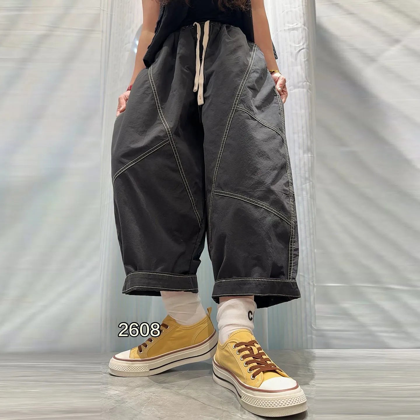 Patchwork Denim Washed Cotton Casual Pants Women Plus Size Loose Cropped Pants 2026 Spring Summer Denim Jeans JLJ522