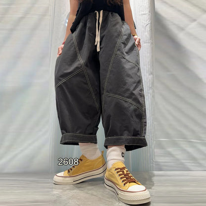 Patchwork Denim Washed Cotton Casual Pants Women Plus Size Loose Cropped Pants 2026 Spring Summer Denim Jeans JLJ522