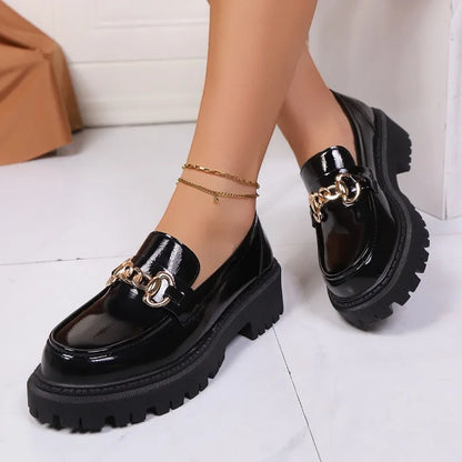 Patent Leather Block Heel Single Shoes Autumn New Round Toe Deep Mouth Metal Chain Platform Anti-Slip Wear-Resistant Loafers