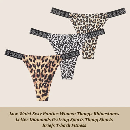 3Pcs/Set Low Waist Sexy Panties Women Thongs Rhinestones Letter Diamonds G-string Sports Thong Shorts Briefs T-back Size XS-XL