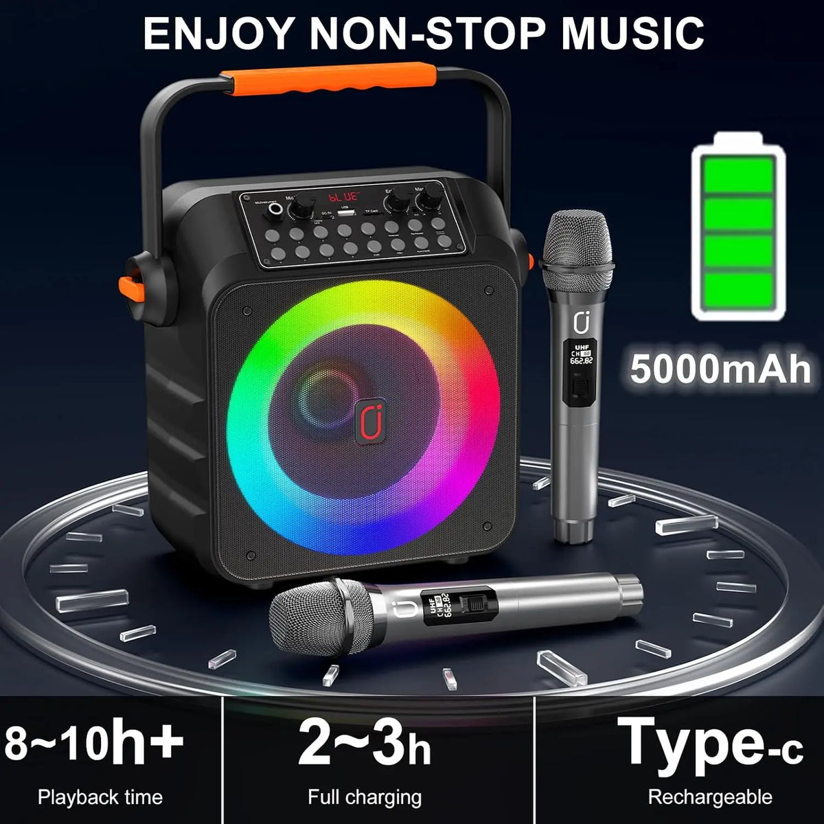 Portable Bluetooth Karaoke Speaker with 6.5-Inch Subwoofer, Two Wireless Microphones, and PA System for Adults, Supports Vocal Remover & REC, Home and Party Singing Machine (Black)