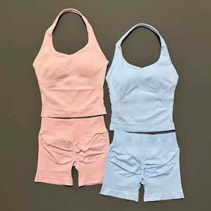 2 Pieces Shorts Yoga Set Women Backless Halter Tops High Waist Seamless Shorts Gym Suit Fitness Sportswear Workout Sets
