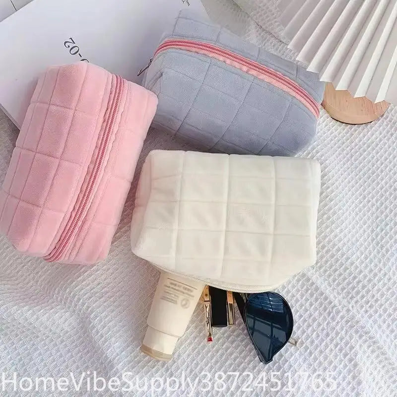 Solid Furry Large Cosmetic Storage Bag Zipper Makeup Organizer Multi‑Purpose Travel Toiletry Pouch Women Handbag Stationery Pencil Case Daily Gift Supply