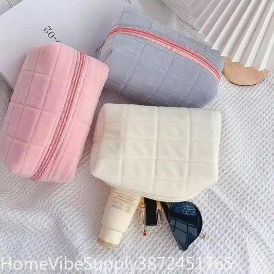 Solid Furry Large Cosmetic Storage Bag Zipper Makeup Organizer Multi‑Purpose Travel Toiletry Pouch Women Handbag Stationery Pencil Case Daily Gift Supply