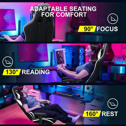 GTPLAYER Gaming Chair with Footrest, Ergonomic Computer Desk Chair, Reclining Swivel with Headrest and Lumbar Support, White