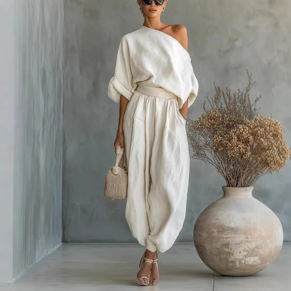 2026 One Shoulder Linen 2 Piece Set Women Roll Up Sleeve Waist Belt High Waist Lantern Pants White Breathable Casual Daily Beach