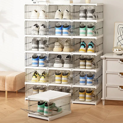 Dustproof 1/3/6 Layers Foldable Shoes Box Stackable Transparent Thickened Plastic Bins Sneaker Shoe Organizer Cabinet Organizers