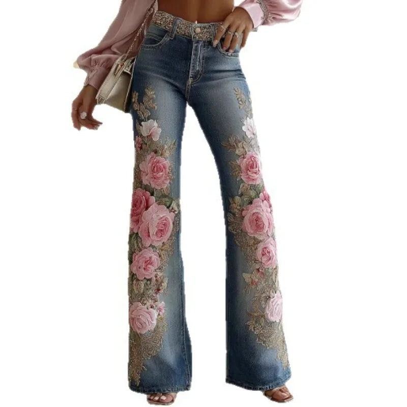 Women's Fashion and Leisure 2025 Retro Style Pink Rose Embroidery Art Print Imitation Jeans Pants