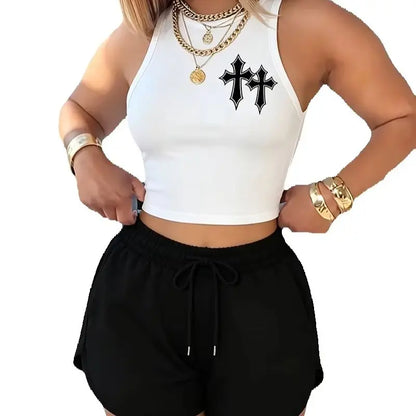 Women's Outfit - Summer Casual Cross Print Solid Color Round Neck Vest Top + Elastic Waist Drawstring Solid Color Shorts Set