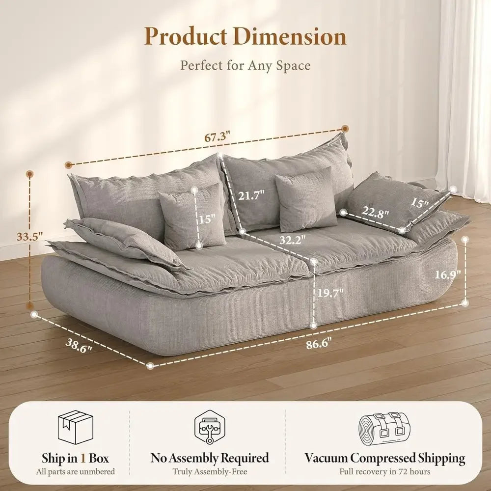 86.6 3-Seat Sailboat-Inspired Deep Seating Sofa with Chenille Upholstery, Curved Armrests, Light Grey, Ready to Use