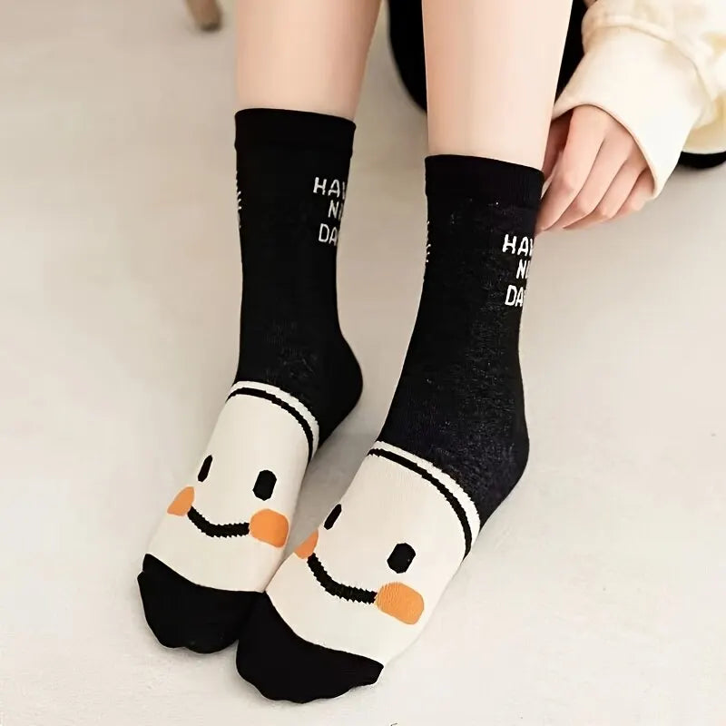 5/1 Pairs Happy Face Crew Socks , Cartoon Cat Breathable Cotton Mid Tube Socks, Women's Stockings & Hosiery