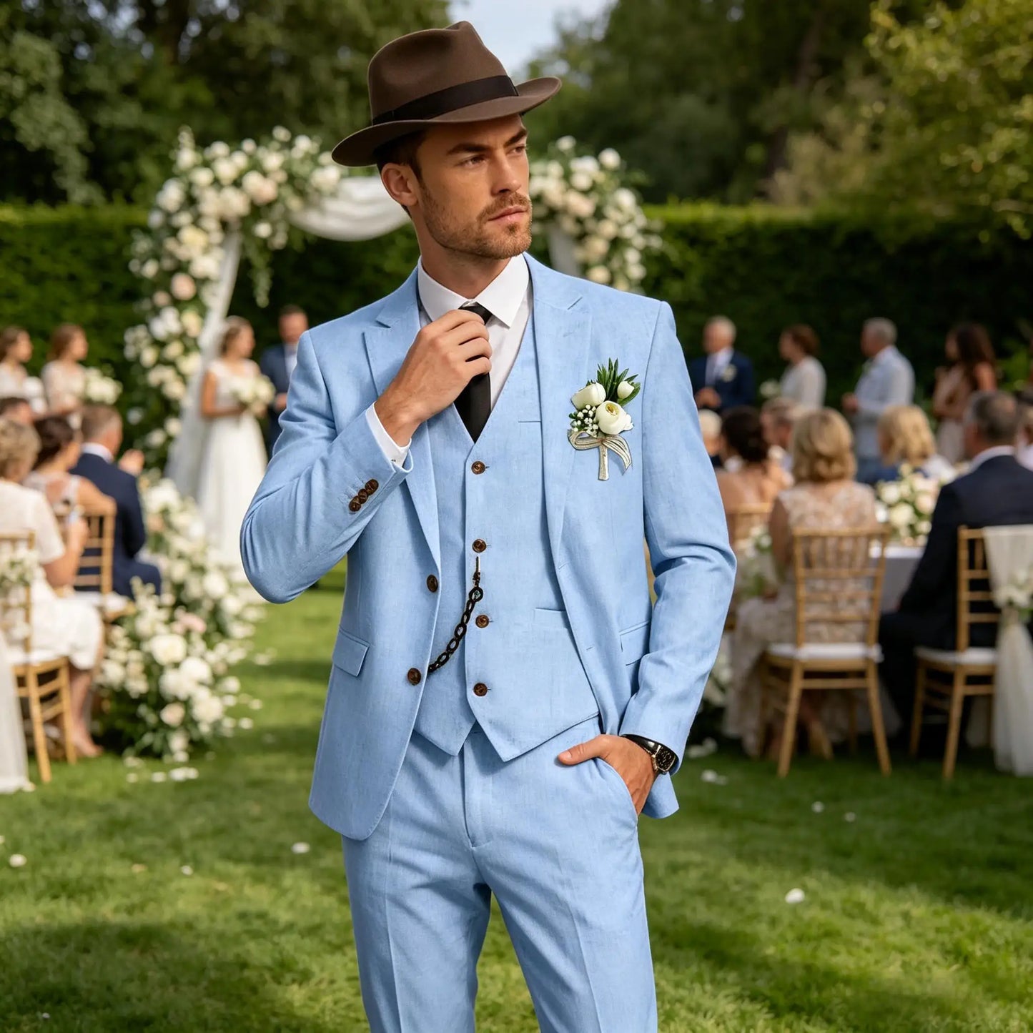 Men's 3 Piece Linen Suit, Slim Fit Notch Lapel Single Breasted Blazer Vest Pants Set Breathable Casual Business Wedding Suit