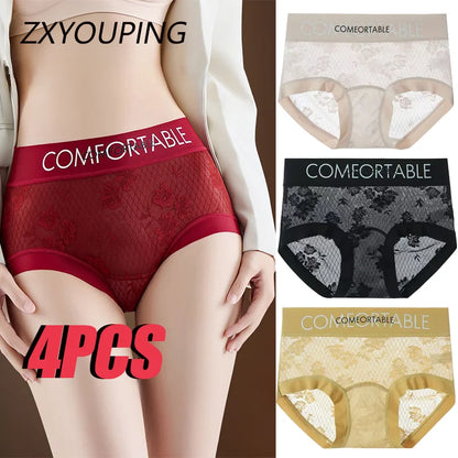 4PCS Women Seamless Panties Transparent Briefs Plus Size Lace Antibacterial Panties