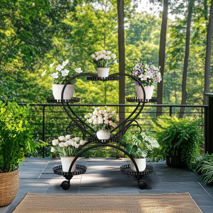 Black Metal Rolling Plant Stand Heart-Shaped Garden Display Rack with Wheels for Home And Garden Decor